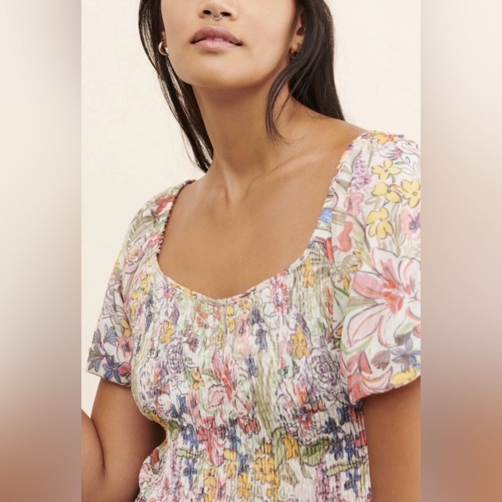 NEW Anthropologie Aurelia Smocked Top Floral Cream Balloon Sleeve Ruching Sz S